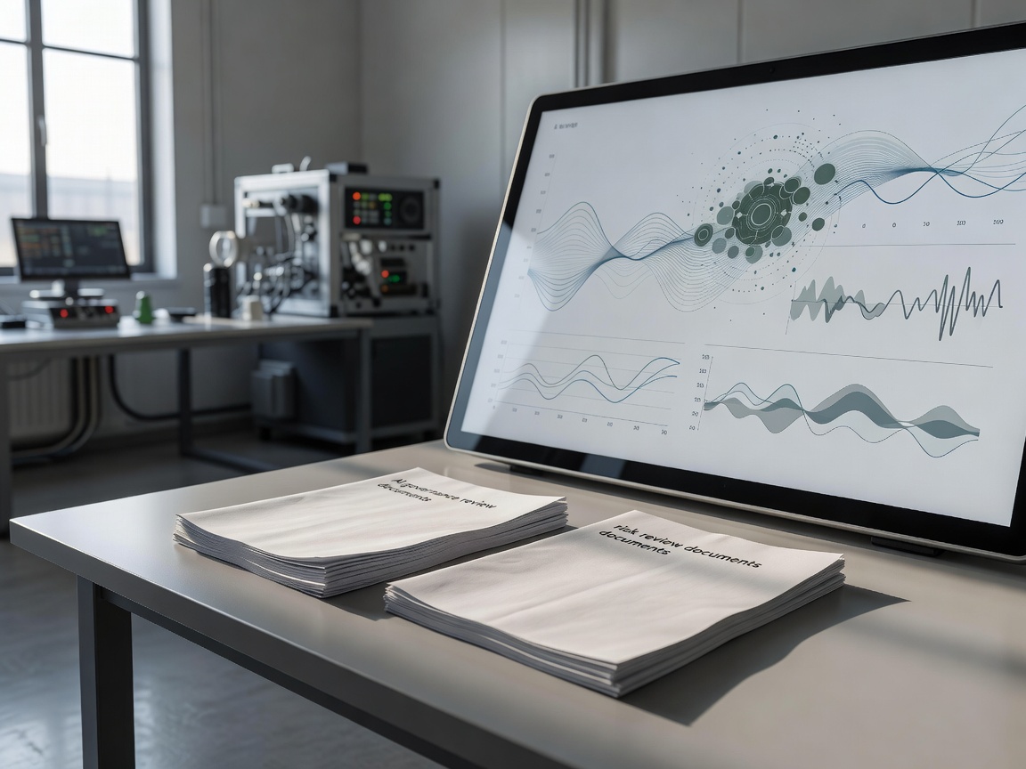 Risk review documents beside a machine monitoring interface in natural light