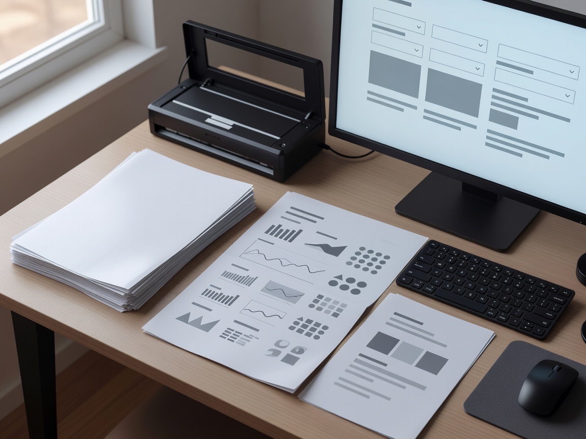 Scanned documents and a data preparation interface arranged at a naturally lit workstation